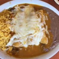 Enchiladas Mixtas (3) · Assorted. Served with rice and beans.