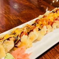 Glazed Roll - Deep Fried · Spicy. Crab stick, avocado, jalapeno and cream cheese inside, topped with eel sauce, spicy m...