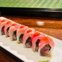 Sushi Fever Roll · Spicy. Yellowtail, tuna, jalapeno, cilantro inside, topped with yellowtail, tuna, ponzu sauc...