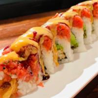 Hollywood Roll · Spicy. Soft-shell crab, avocado inside, topped with spicy tuna, eel sauce, spicy mayo.