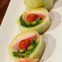 Iron Chef Roll (No Rice) · Spicy. Tuna, salmon, white fish, avocado, crab stick, asparagus inside, wrapped in peeled cu...