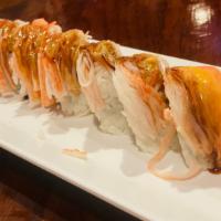 Shibuya Roll · Shrimp tempura, avocado, jalapeno, cream cheese inside, topped with crab stick, eel sauce, s...