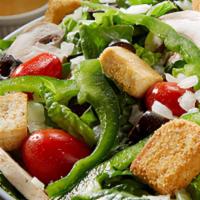 Veggie Salad · Veggie salad is served with black olives, Cheddar cheese, croutons, green olives, green pepp...