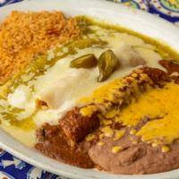 Mexican Flag · One Monterrey jack cheese enchilada with salsa Verde, one chicken enchilada with sour cream ...