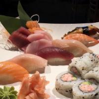 Sushi Dinner · Tuna, salmon, hamachi, shrimp, albacore, tako, conch, Eel and 1/2 California roll.