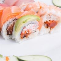 Kopy Roll · Spicy. Spicy tuna, crabmeat. Topped with tuna, salmon, yellowtail. Shrimp & avocado on top.