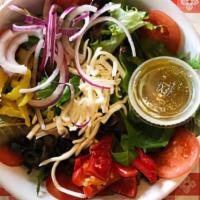 House Salad (Small) · Romaine, spring mix, tomatoes, olives, mozzarella, sweet and hot peppers with Italian dressi...