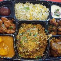 2 Entree Chicken Lunch Combo · A Great Value meal consisting of  Non Veg personal portion Appetizer, Pulao (flavored Biriyn...