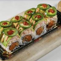 Spicy Mexican Roll · Spicy tuna, cucumber, topping spicy crabmeat, avocado, and jalapeno with sriracha.