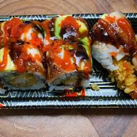 Spicy Dragon Roll · Tempura shrimp, cucumber, topping eel, and avocado with eel sauce and sriracha.