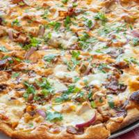 Barbeque Chicken Pizza · Mozzarella and cheddar cheese, BBQ sauce, chicken, bacon, red onion. Topped with cilantro an...