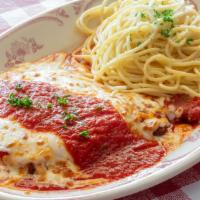 Chicken Parmigiana · Mozzarella, red sauce, spaghetti.