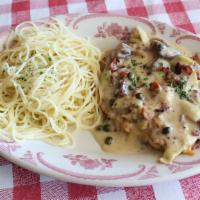 Chicken Scallopini · Artichoke, mushroom, capers, smoked bacon, lemon butter sauce, spaghetti.