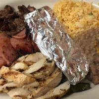 Combo Fajita Plate · Steak, chicken, and sausage with three bacon wrapped served on sautéed onions, and peppers s...