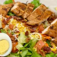 Chicke Club Salad  · Grilled, Blackened, or Crispy salad with diced tomatoes, cucumbers, boiled eggs,  bacon, and...