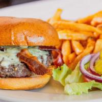Bacon Bleu Burger · 1/2 POUND BURGE TOPPED WITH BACON AND BLEU CHEESE CRUMBLES AND SERVED WITH A SIDE ITEM