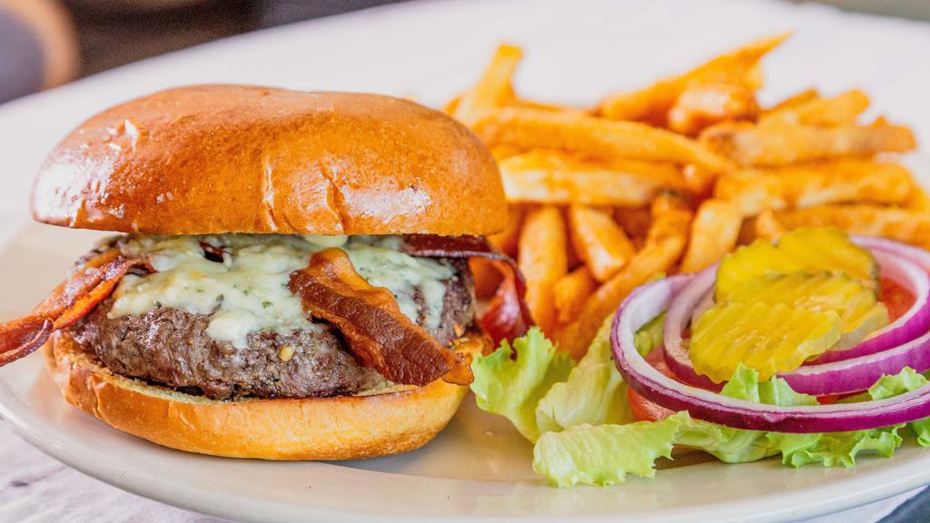 Bacon Bleu Burger · 1/2 POUND BURGE TOPPED WITH BACON AND BLEU CHEESE CRUMBLES AND SERVED WITH A SIDE ITEM