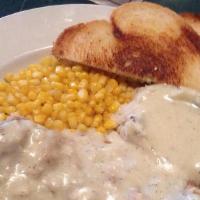 Chicken Fried Steak Or Chicken · CRISPY AND MADE FROM SCRATCH. SERVED WITH COUNTRY GRAVY, MASHED POTATOES, AND CORN.