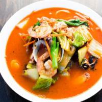 Spicy Seafood Jjamppong · Spicy noodle, shrimp, squid, clams, mix vegetables.