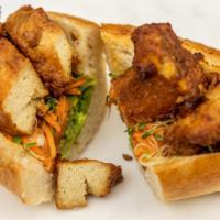 Popcorn Tofu Poboy · On bakehouse French roll, with housemade cashew tamari dressing, green leaf lettuce, local t...