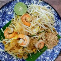 Shrimp Pad Thai · Bangkok flavors of tangy, a little sweet and spicy with gulf shrimp (8) 26-30, thin rice sti...