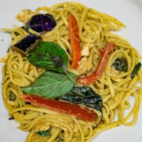 Thai Spaghetti Chicken Verde · House green curry paste with chicken stirred fry with linguini noodles, eggplant, bell peppe...