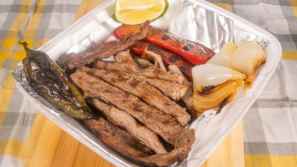 1 Lb Fajitas · 1 lb fajitas grill with compliments:
2 portions of rice
2 portions of charros beans
Tortillas
sauces
onion grill , jalapeno grill and lime