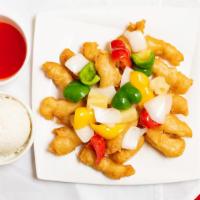 Sweet  And Sour Chicken · Served with egg roll.