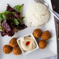The Falafel Bombs · Classic chickpea balls with special seasoning, with rice, half pita and organic spring mix, ...
