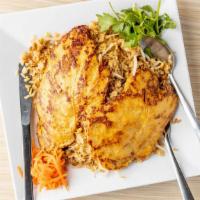 Grilled Chicken Fried Rice · Marinate grilled chicken over fried rice with bean sprouts, white & green onion, chopped gar...
