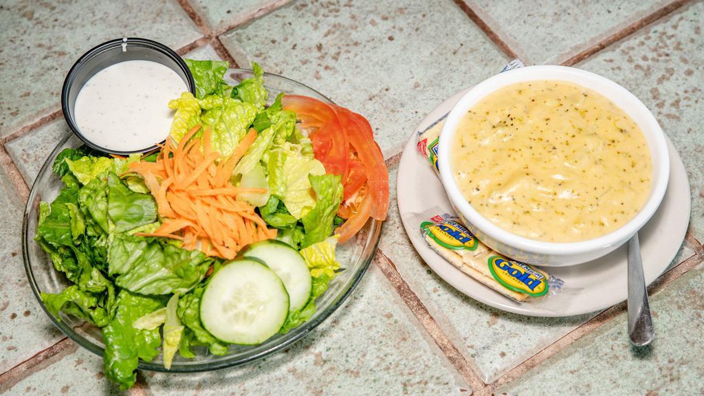 Soup & Salad · A bowl of soup and a dinner salad. Gluten free.