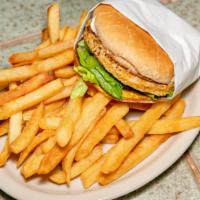 Garden Burger · A vegetarian patty on a whole wheat bun. Served with all of the fixings: lettuce, tomato, pi...