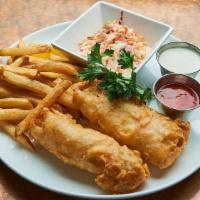 Fish & Chips · Alaskan cod, beer batter, malt vinegar powder, coleslaw, cornichon tartar sauce.