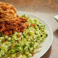 Bbq Chicken Salad · Half Pan - House-smoked pulled BBQ chicken, romaine, iceberg, red leaf, tomatoes, cucumbers,...