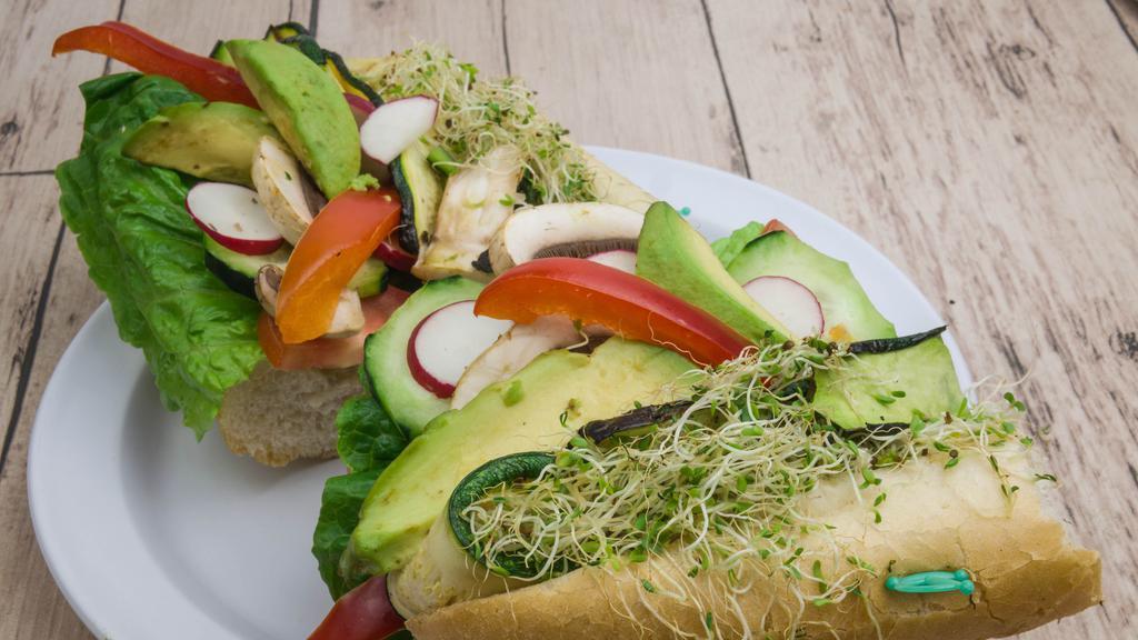 Vegetarian Garden · Grilled zucchini, avocado, alfalfa sprouts, cucumbers, carrots, radishes, lettuce, tomato, green peppers, red peppers and homemade blue cheese dressing served on French bread.