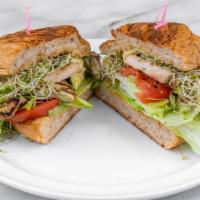 California Grilled Chicken Avocado · served with Alfalfa sprouts, lettuce, tomatoes, Dijon mustard and our delicious poblano mayo...