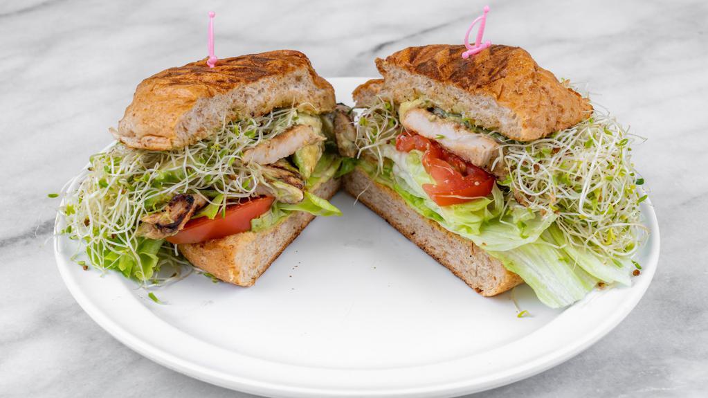 California Grilled Chicken Avocado · served with Alfalfa sprouts, lettuce, tomatoes, Dijon mustard and our delicious poblano mayo, on whole wheat bun