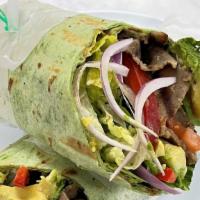 Gyro Wrap · served with lamp and beef, avocado, red onions, red peppers, romaine lettuce,  and tomatoes,...