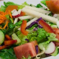 Large Salad · Iceberg and romaine lettuce, tomatoes, jicama, cucumbers, shredded carrots, green peppers, r...