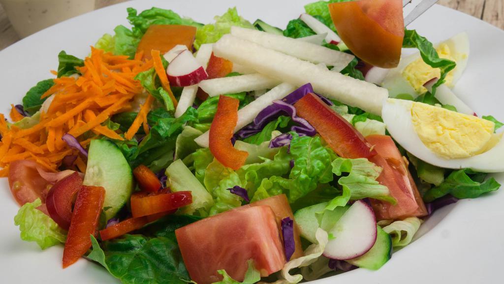 Large Salad · Iceberg and romaine lettuce, tomatoes, jicama, cucumbers, shredded carrots, green peppers, red cabbage, radishes and hard boiled egg.