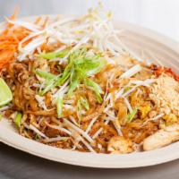 Pad Thai. Chicken Or  Veggi · Pan fried rice noodles with thai special sauce, bean sprouts, eggs and crushed peanuts.