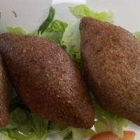 Kibbeh · 3 Kibbeh with Humus and Salad and pita bread