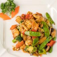 Sichuan Chicken · Chicken breast, broccoli, water chestnut, mushroom, snow peas, carrot, red and green bell pe...
