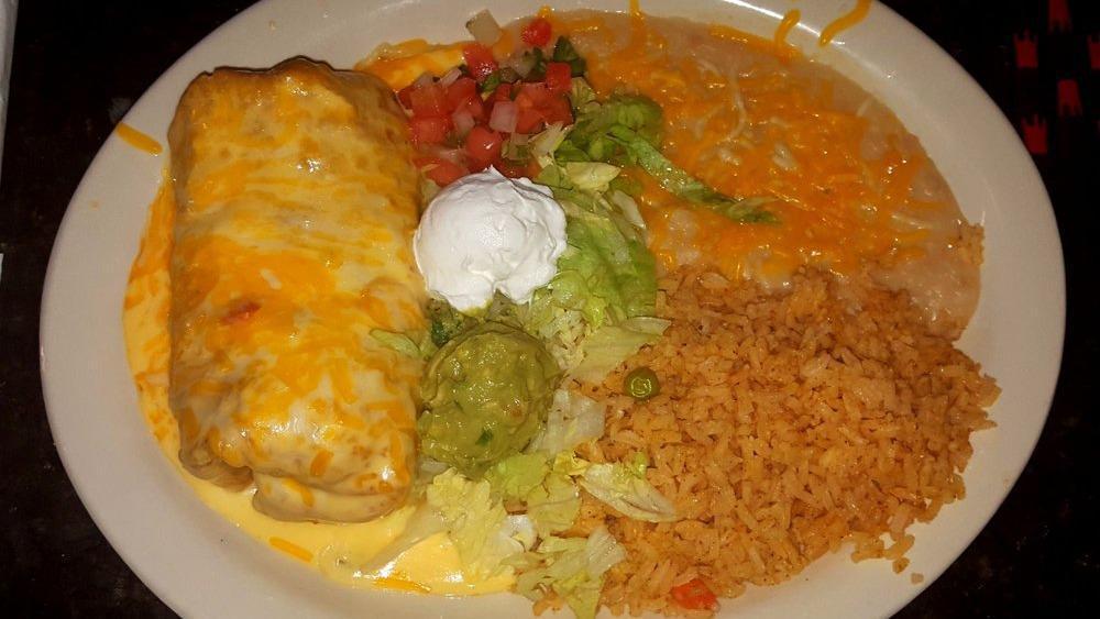 Chimichangas  · Choice Of Chicken, Asada, Pastor, Barbacoa, Lengua, Or Picadillo, Served With Rice, Beans, Sour Cream, Pico, Guacamole, And Covered With Melted Cheese