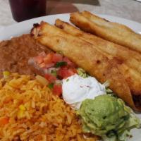 Flautas · 3 Chicken Flautas with Sour Cream,Pico,Guacamole,Rice,beans, And Shredded Cheese