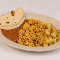 Chorizo Plate · Scrambled Eggs with Chorizo, Potatoes, Refried Beans, and 2 Flour Tortillas