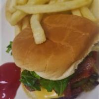 Hamburger & Fries · Quarter lb beef patty served with onions, lettuce, tomatoes, and mayonnaise.