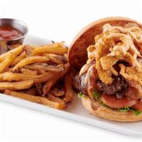Chipotle Bleu Cheeseburge · Topped with Bleu Cheese Crumbles, Crispy Onion Strings, Applewood Smoked Bacon and topped wi...