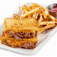 Texan Melt · Smoked Brisket, Honey BBQ Sauce, Caramelized Onions, Jack and Cheddar Cheese melted on Brioc...