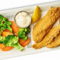 Fresh Fried Catfish · Cornmeal Breaded Catfish Filets served with Tarter Sauce and One Side